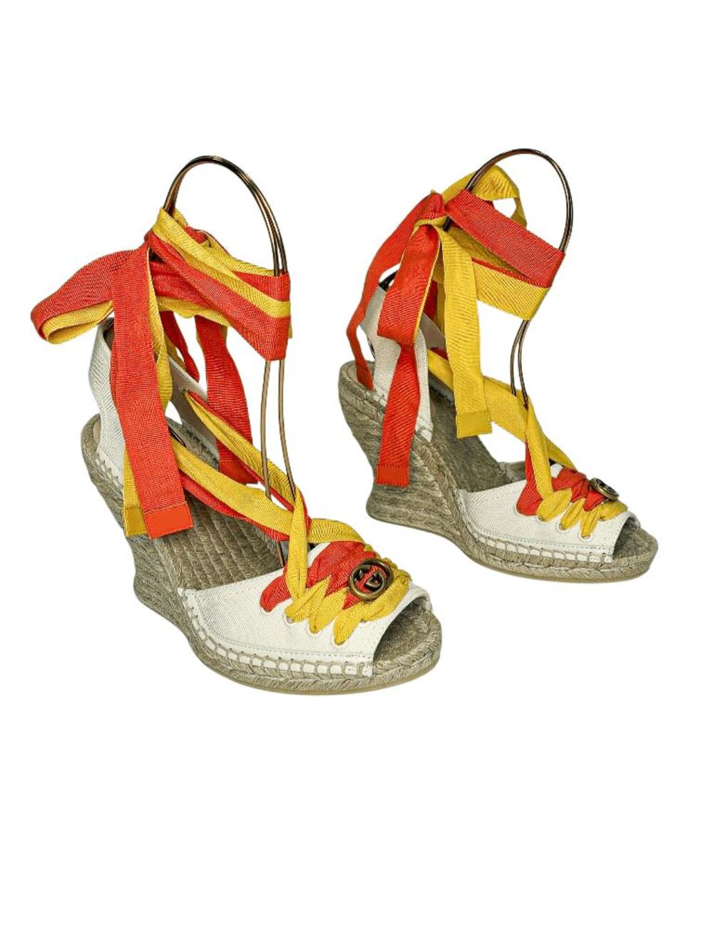 Gucci Interlocking GG Espadrille Wedge Sandals Canvas Yellow Orange Ribbon 37.5